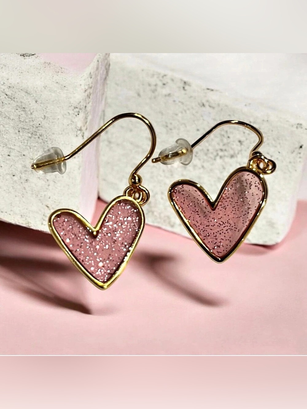 Gold Plated Wire Earrings in Sparkling Translucent Pink Hearts